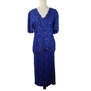 Laurence Kazar Bright Blue Purple Beads Sequins Vintage Top & Skirt Set Lined M